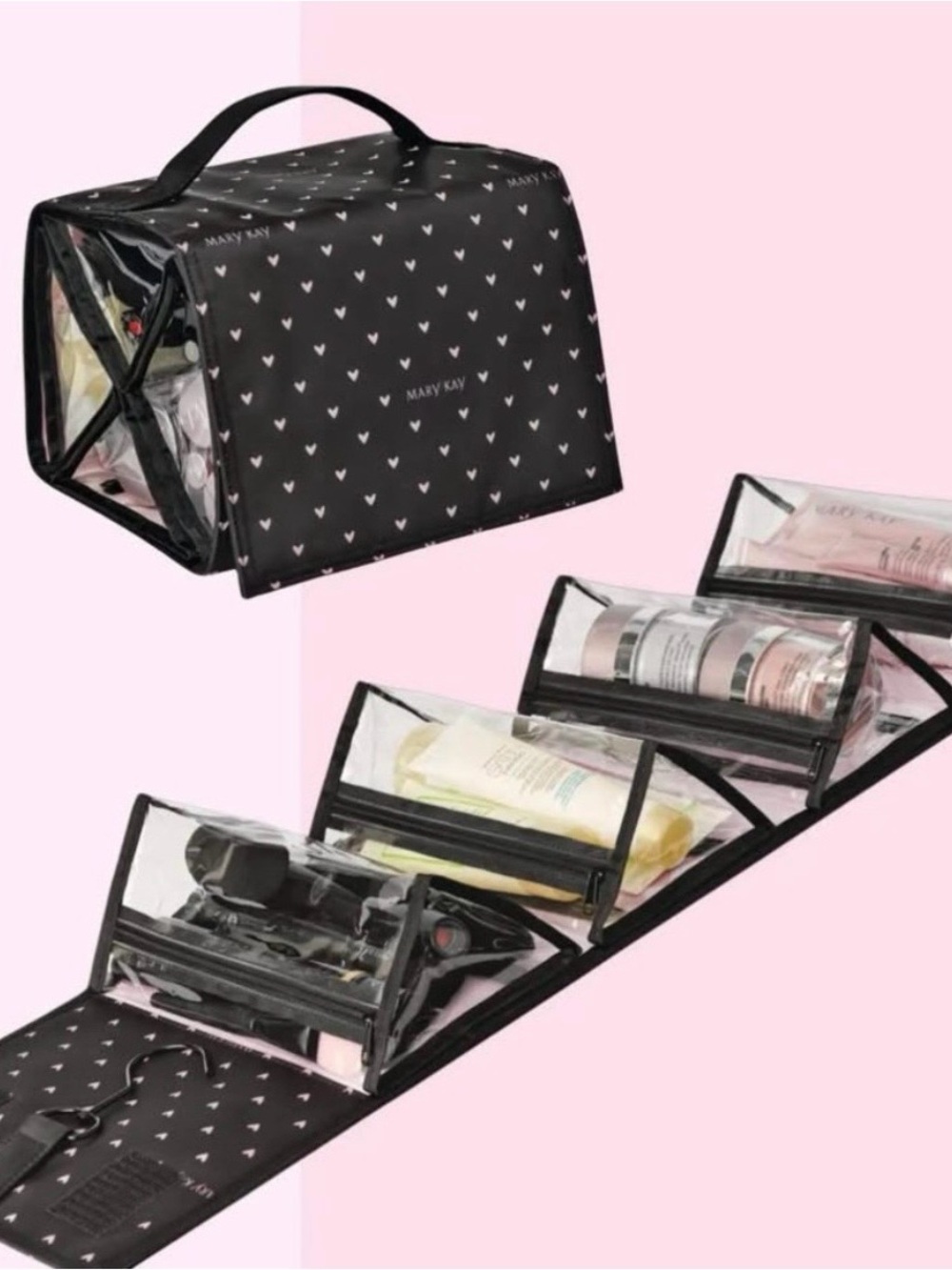 Mary Kay Black Fold-Out Clear Compartment Makeup Organizer with Heart Print